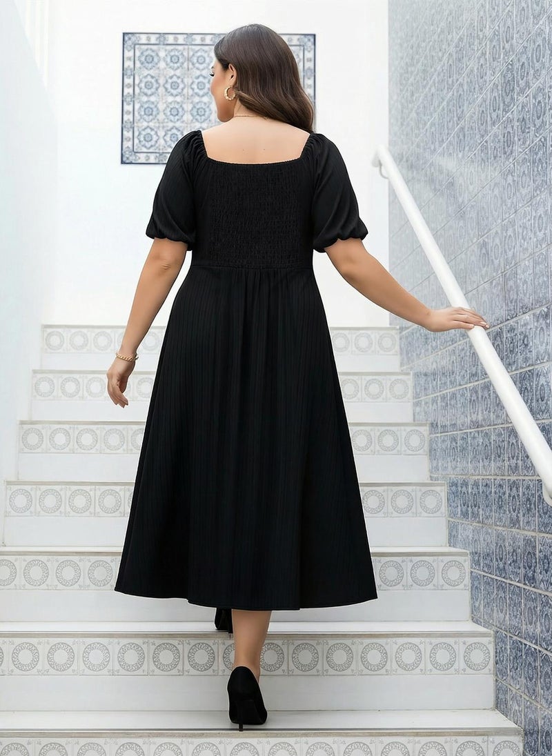 Globus Gloplus Women Black Square Neck Puff Sleeves Self Design Smocked Plus Size Fit & Flare Midi Dress - Image 4